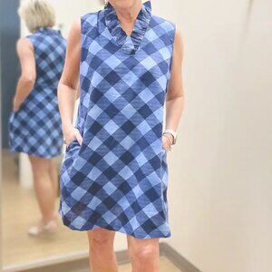 Crown & Ivy navy ruffled collar linen blend sleeveless dress